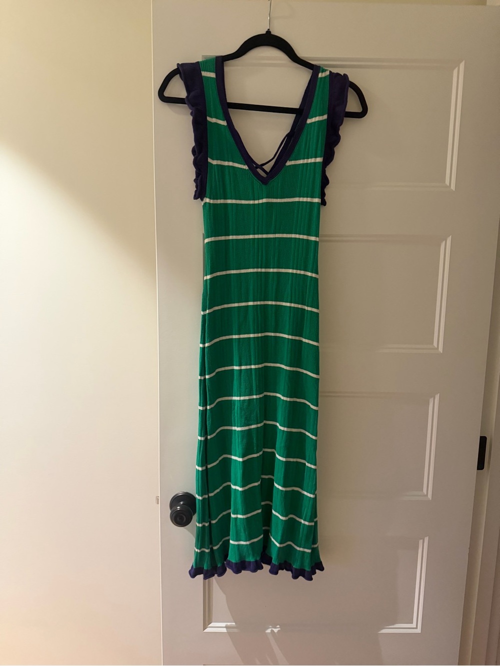 Daily practice Rosie Green Striped V-Neck Maxi Dress with Navy Trim size XSP